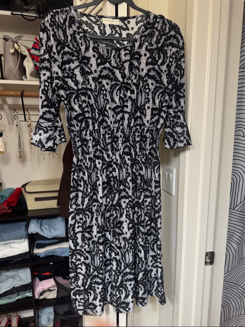 Black & White Midi Dress with Elegant Paisley Print
